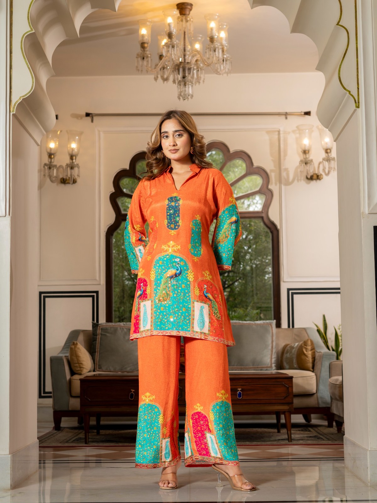 Orange Peacock Print Co-Ord Set for Women | Premium Ethnic Kurta & Palazzo Set HSDAACSKN000002