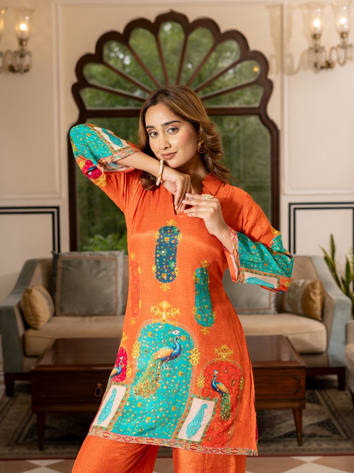 Orange Peacock Print Co-Ord Set for Women | Premium Ethnic Kurta & Palazzo Set HSDAACSKN000002