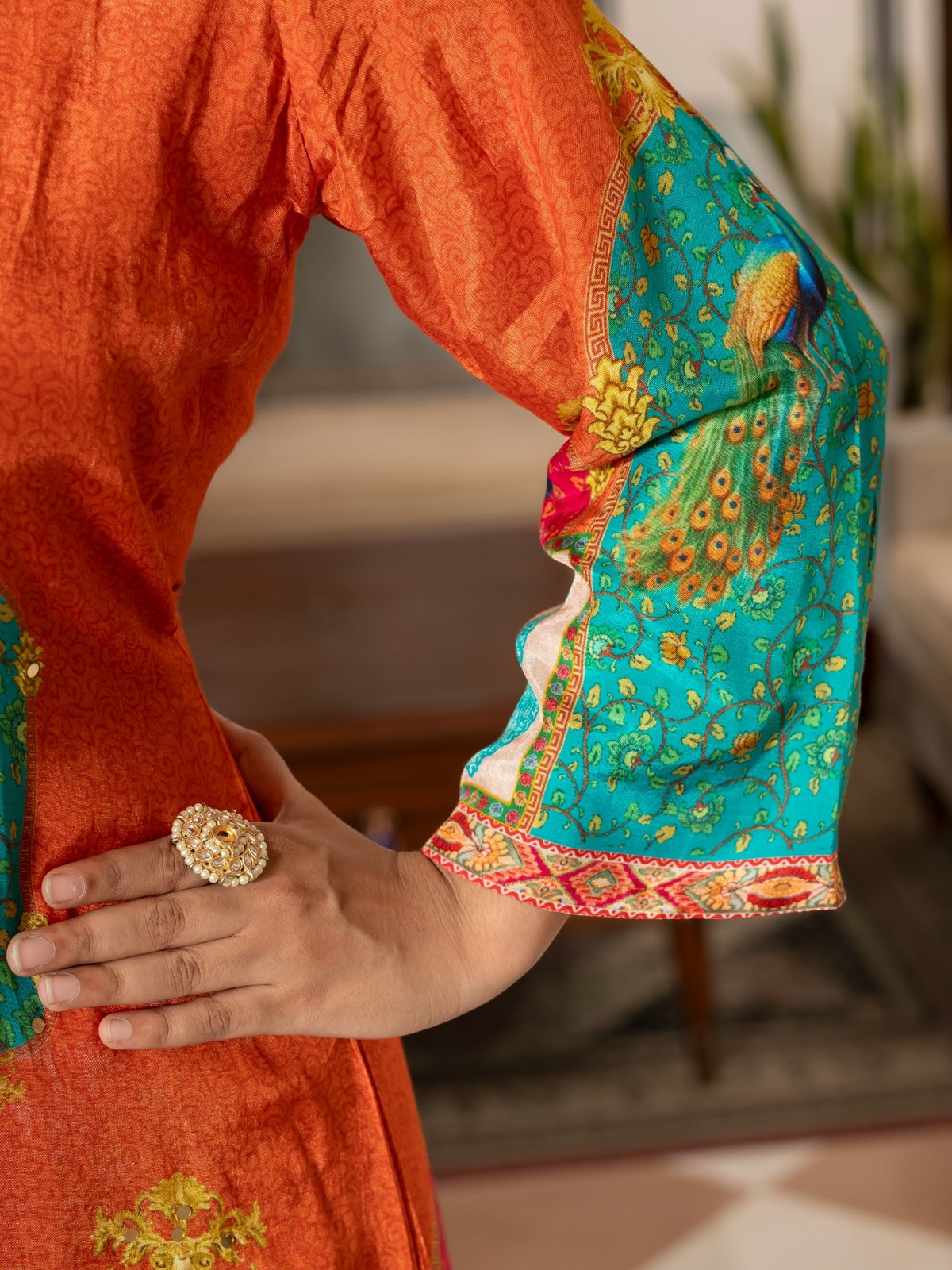 Orange Peacock Print Co-Ord Set for Women | Premium Ethnic Kurta & Palazzo Set HSDAACSKN000002