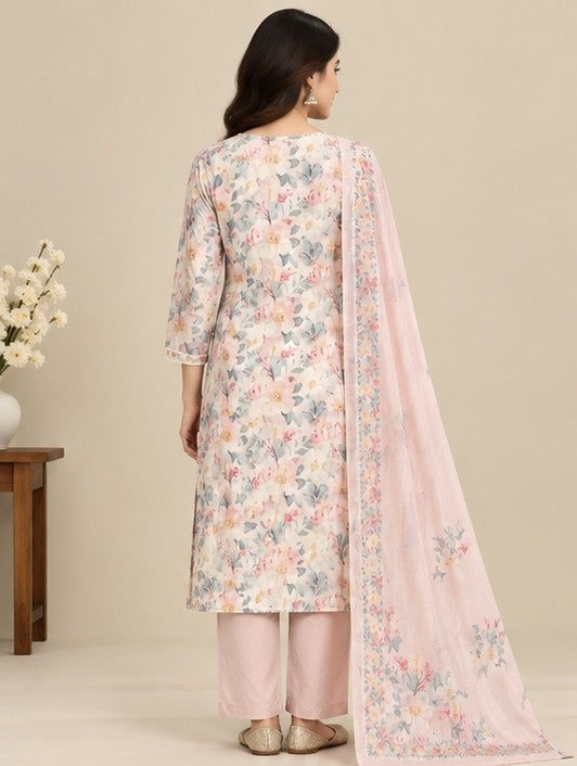 Women’s Pink Linen Floral Printed Salwar Kurta Dupatta Set