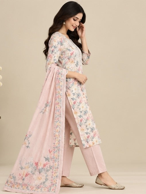 Women’s Pink Linen Floral Printed Salwar Kurta Dupatta Set