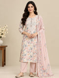 Women’s Pink Linen Floral Printed Salwar Kurta Dupatta Set