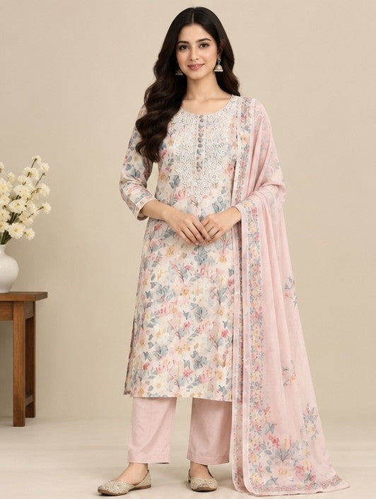 Women’s Pink Linen Floral Printed Salwar Kurta Dupatta Set
