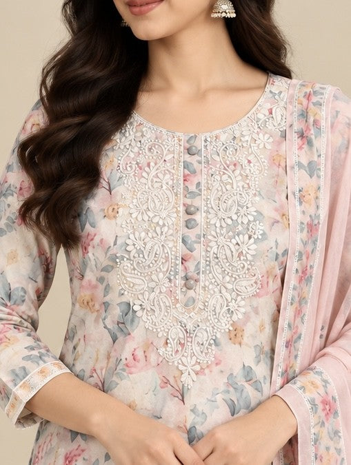 Women’s Pink Linen Floral Printed Salwar Kurta Dupatta Set