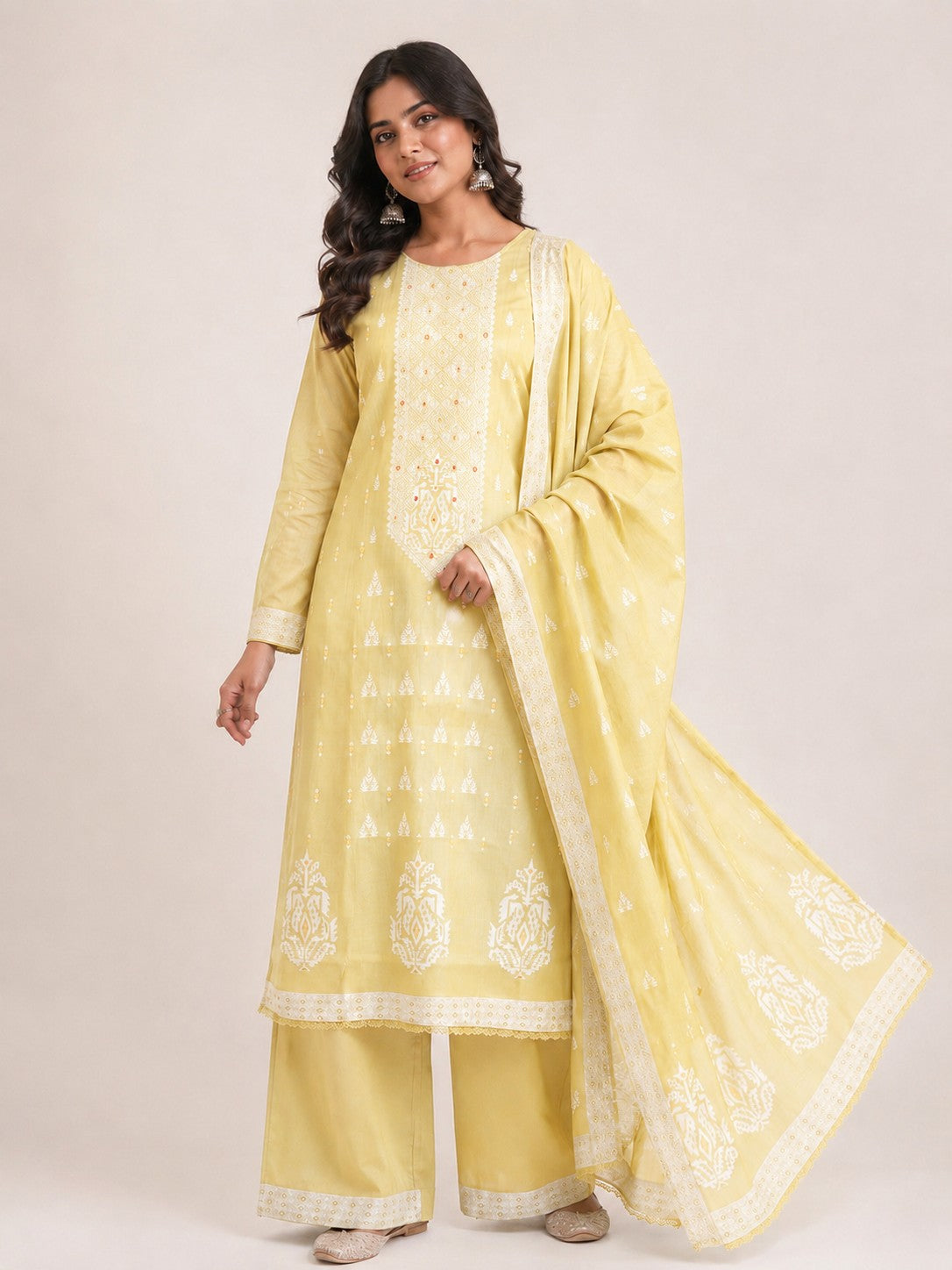 Pastel Yellow Cotton Blend Unstitched Suit Material