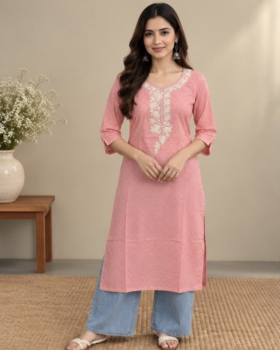 Pink Embroidered Rayon Kurti for Women