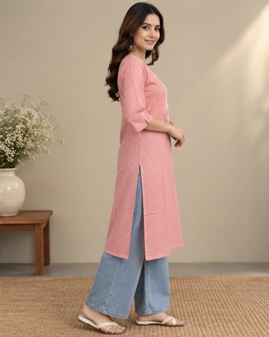 Pink Embroidered Rayon Kurti for Women