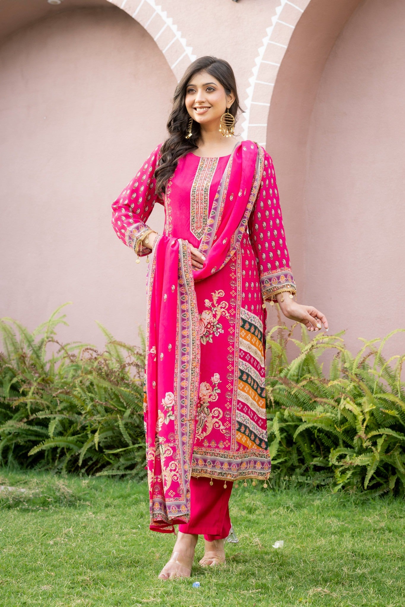 Magenta Pink Silk Blend Floral Printed Straight Suit Set with Dupatta