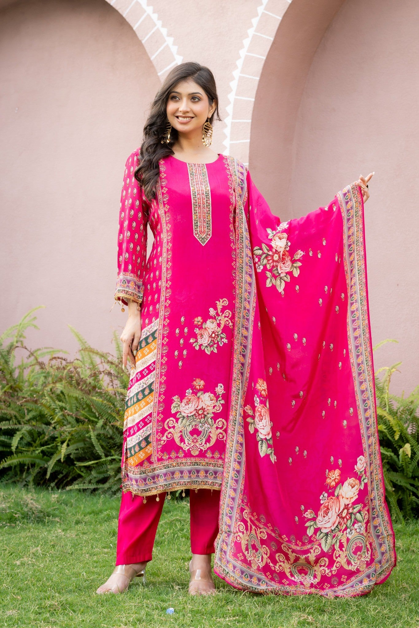 Magenta Pink Silk Blend Floral Printed Straight Suit Set with Dupatta