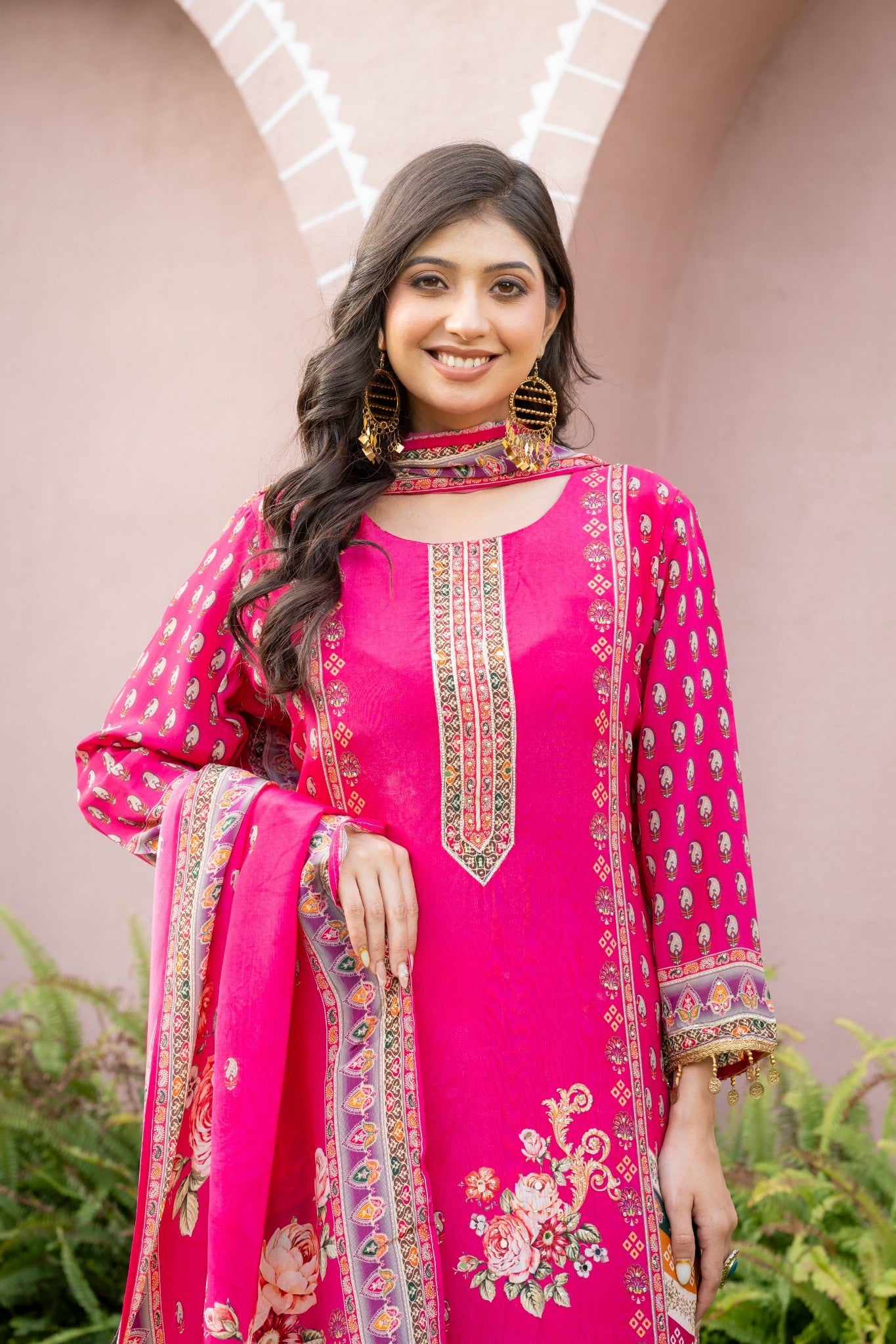 Magenta Pink Silk Blend Floral Printed Straight Suit Set with Dupatta