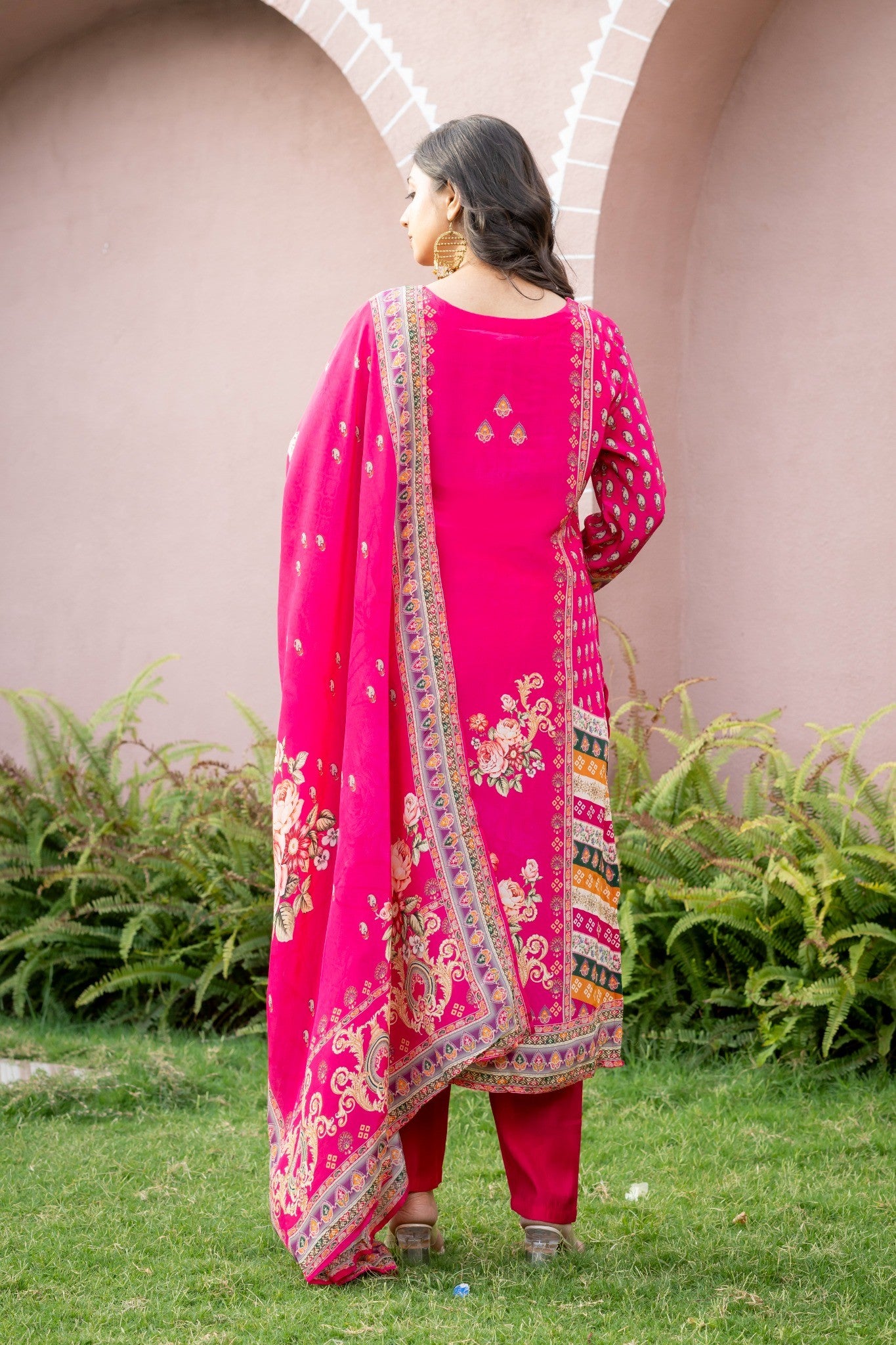 Magenta Pink Silk Blend Floral Printed Straight Suit Set with Dupatta