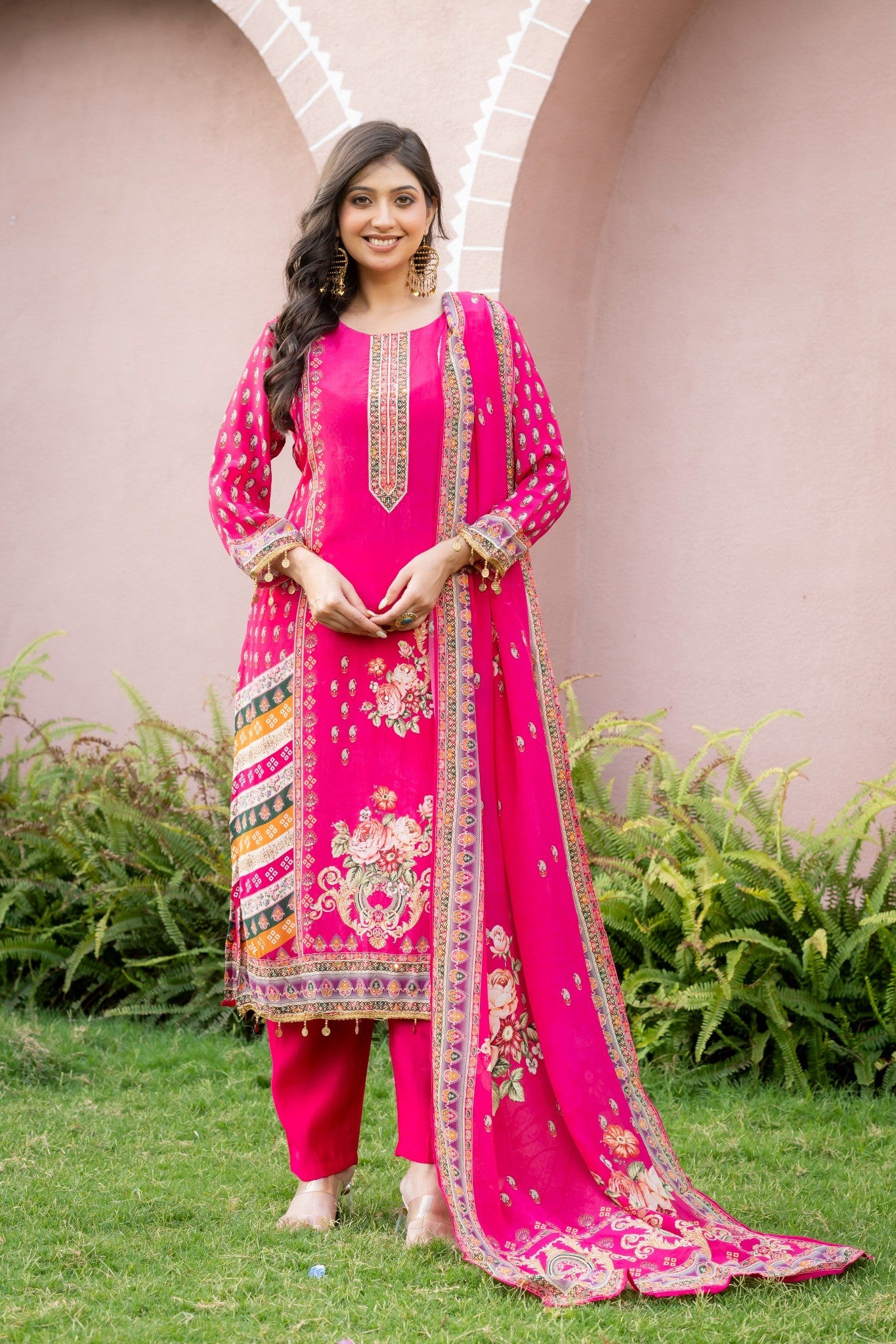 Magenta Pink Silk Blend Floral Printed Straight Suit Set with Dupatta