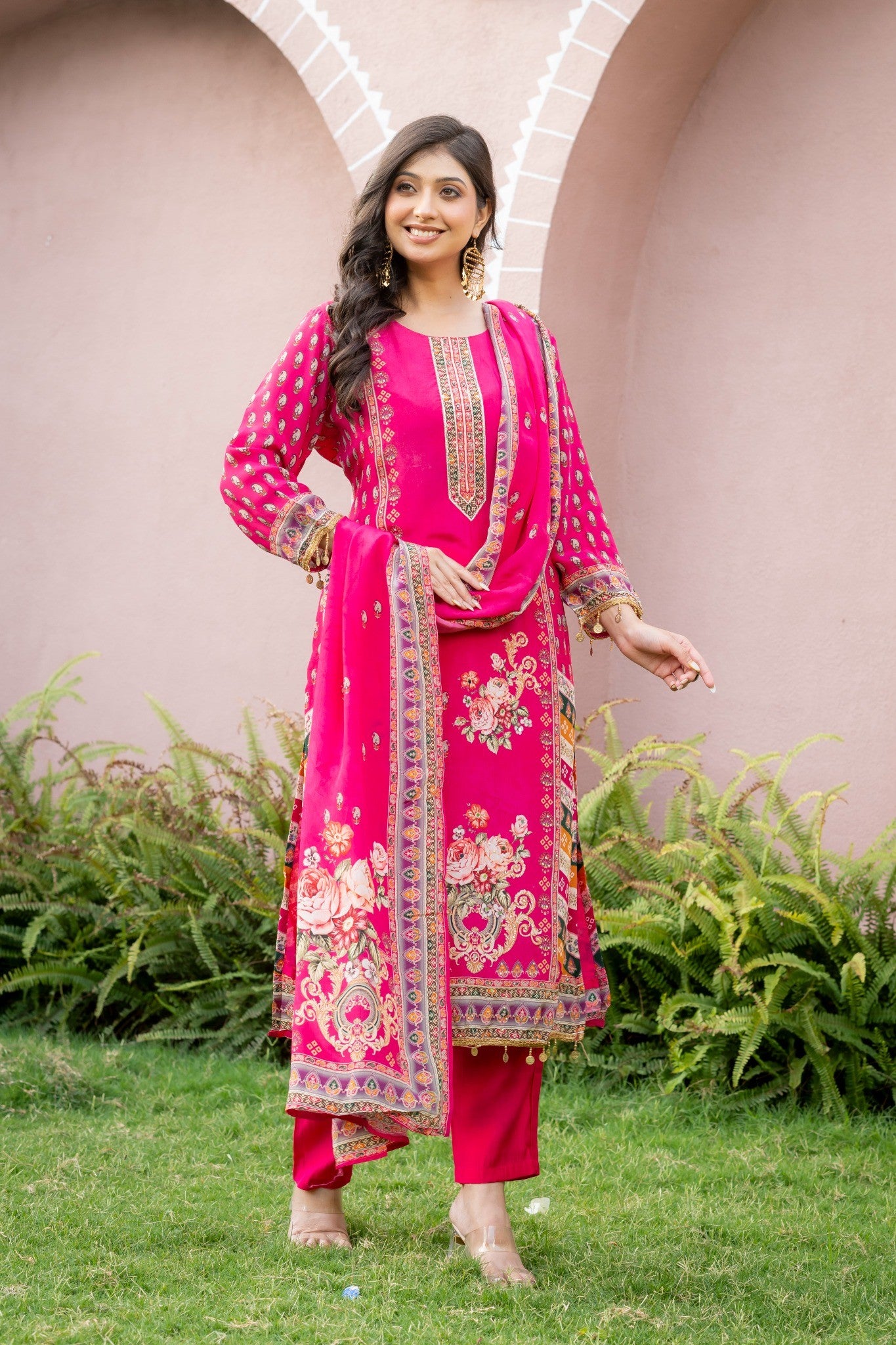 Magenta Pink Silk Blend Floral Printed Straight Suit Set with Dupatta