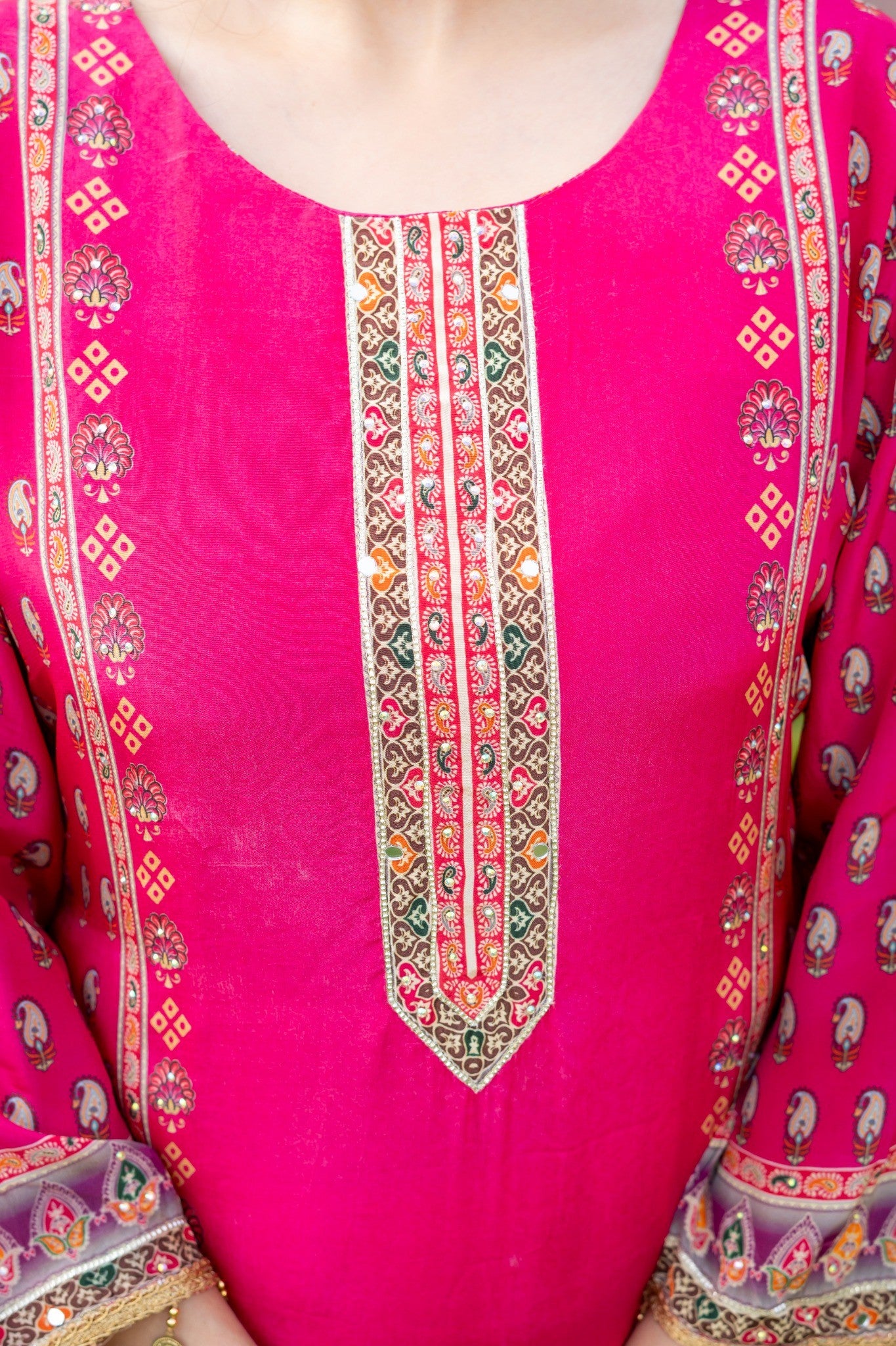 Magenta Pink Silk Blend Floral Printed Straight Suit Set with Dupatta