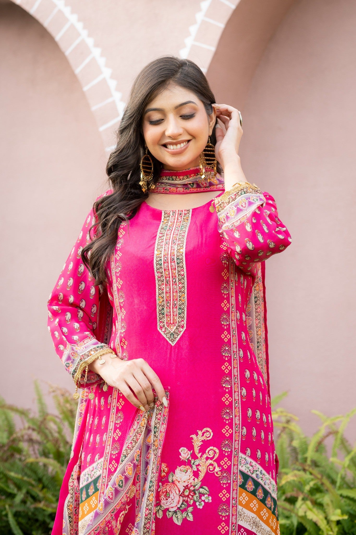 Magenta Pink Silk Blend Floral Printed Straight Suit Set with Dupatta