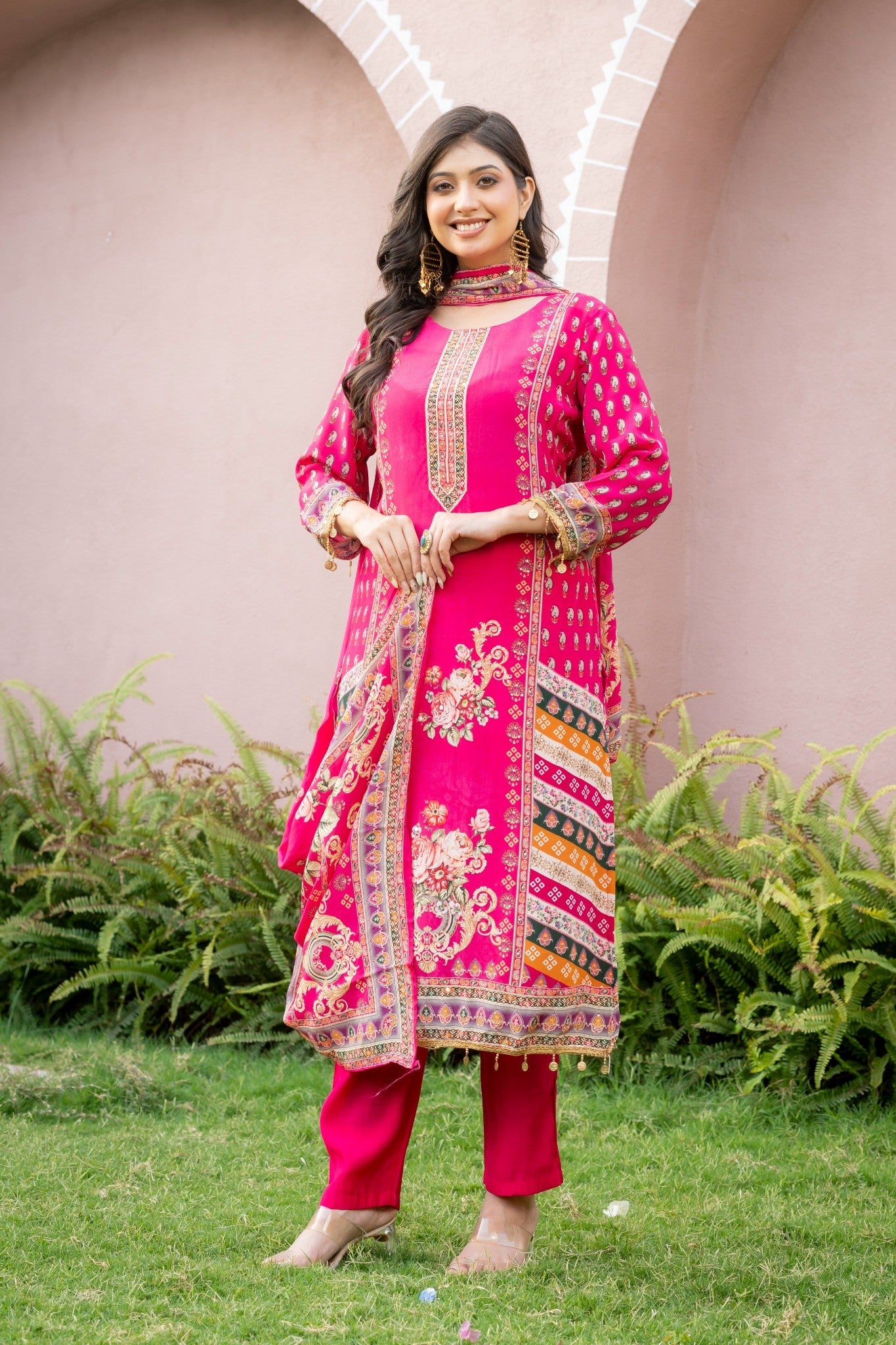 Magenta Pink Silk Blend Floral Printed Straight Suit Set with Dupatta