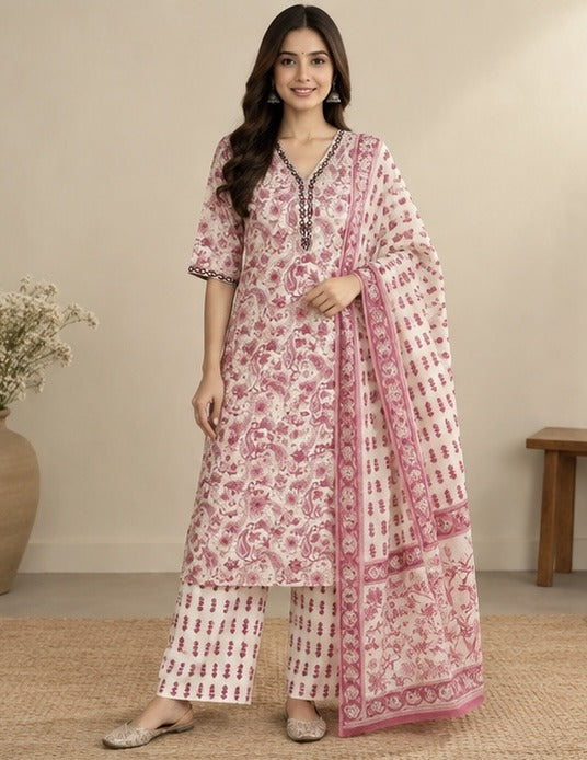 Pink Floral Printed Cotton Salwar Kurta Dupatta Set