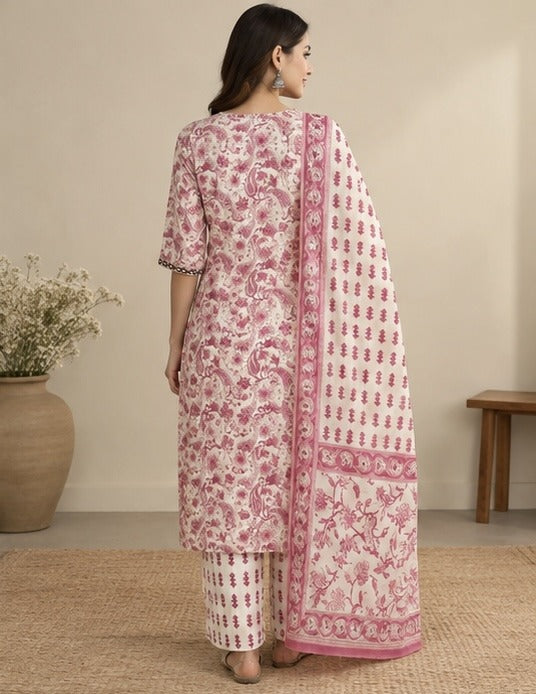 Pink Floral Printed Cotton Salwar Kurta Dupatta Set