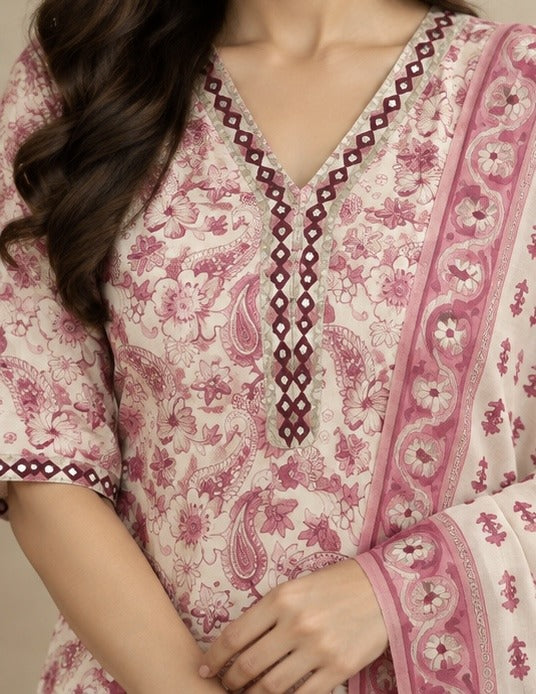Pink Floral Printed Cotton Salwar Kurta Dupatta Set