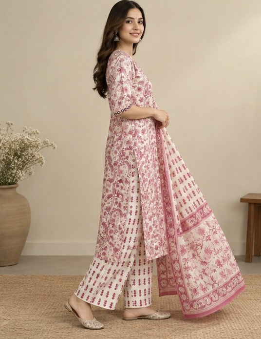 Pink Floral Printed Cotton Salwar Kurta Dupatta Set