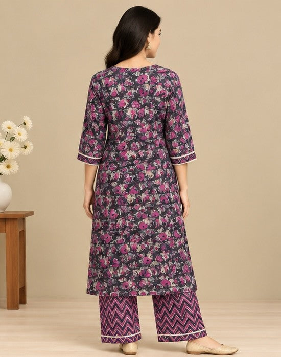 Women’s Purple Silk Blend Floral Printed Kurti Pant Set