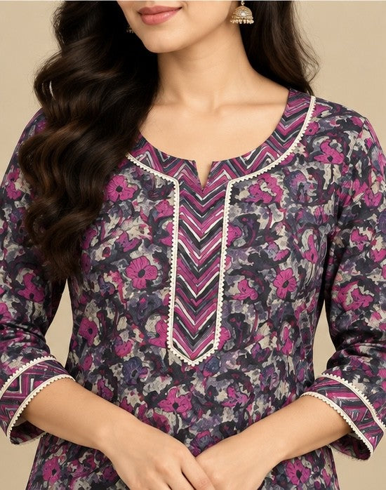 Women’s Purple Silk Blend Floral Printed Kurti Pant Set