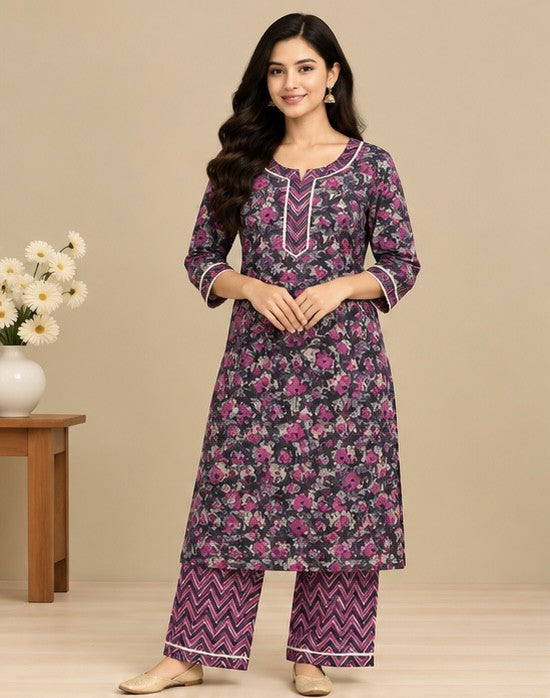 Women’s Purple Silk Blend Floral Printed Kurti Pant Set