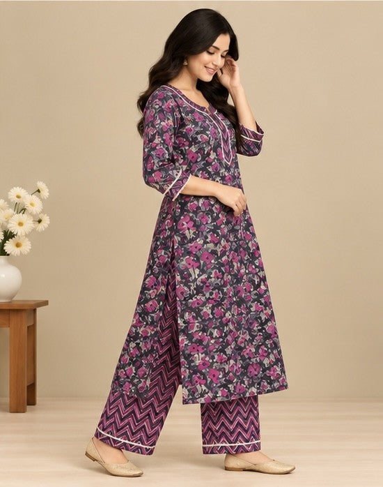 Women’s Purple Silk Blend Floral Printed Kurti Pant Set