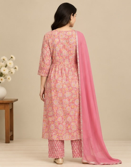 Women’s Pink Cotton Blend Printed Anarkali Salwar Kurta Dupatta Set
