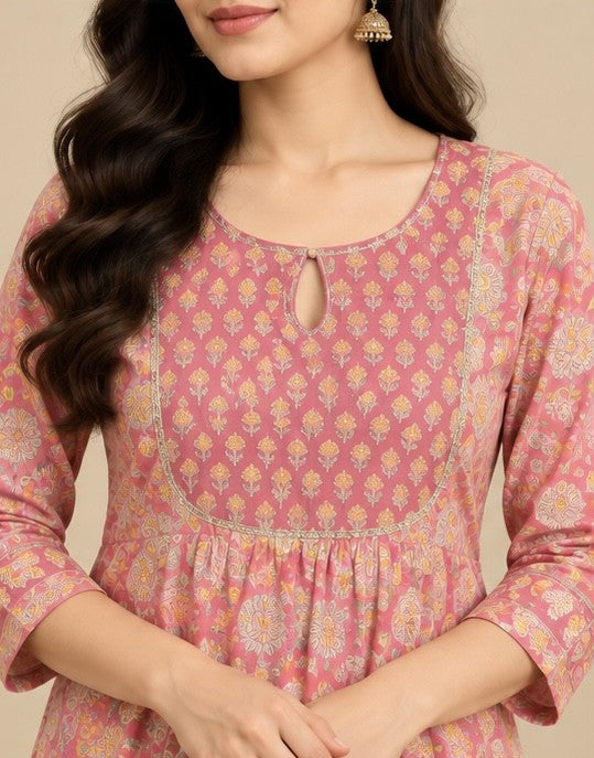 Women’s Pink Cotton Blend Printed Anarkali Salwar Kurta Dupatta Set