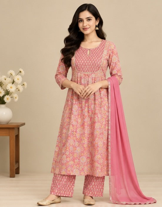 Women’s Pink Cotton Blend Printed Anarkali Salwar Kurta Dupatta Set