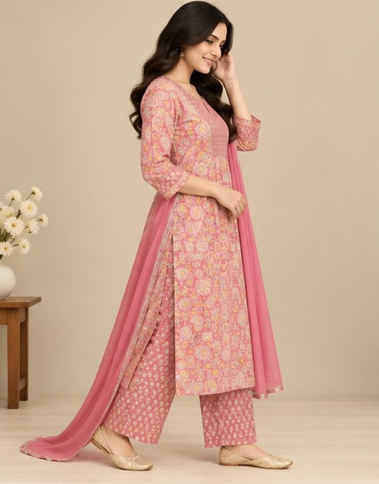 Women’s Pink Cotton Blend Printed Anarkali Salwar Kurta Dupatta Set