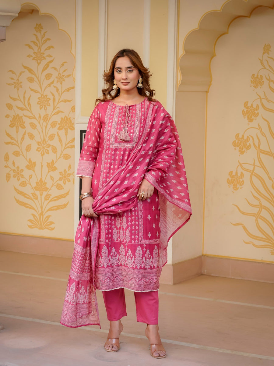 Bright Pink Printed Kurta Set.