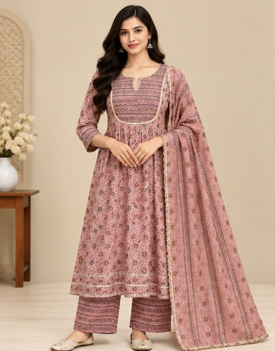 Mauve silk blend kurta set with dupatta for women front view