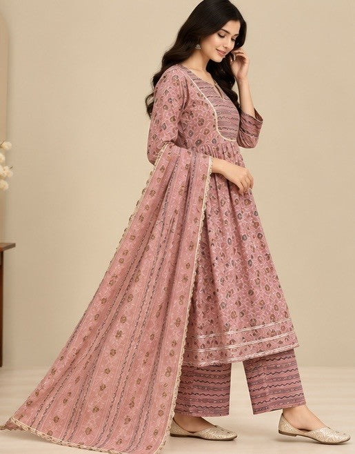 Mauve silk blend flared kurta set with printed dupatta side view