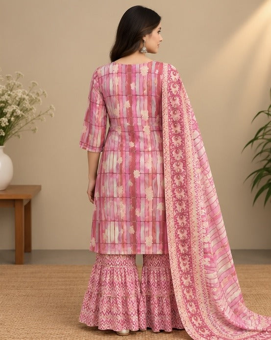 Pink Printed Silk Blend Sharara Salwar Suit Set