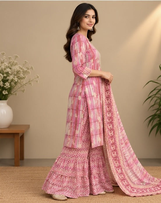 Pink Printed Silk Blend Sharara Salwar Suit Set