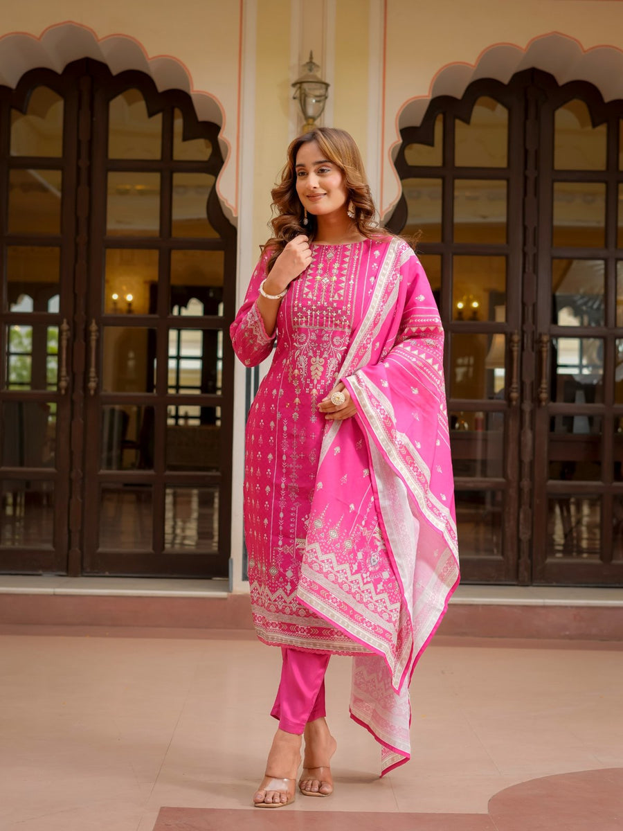 Pink Printed Cotton Silk Kurta Set