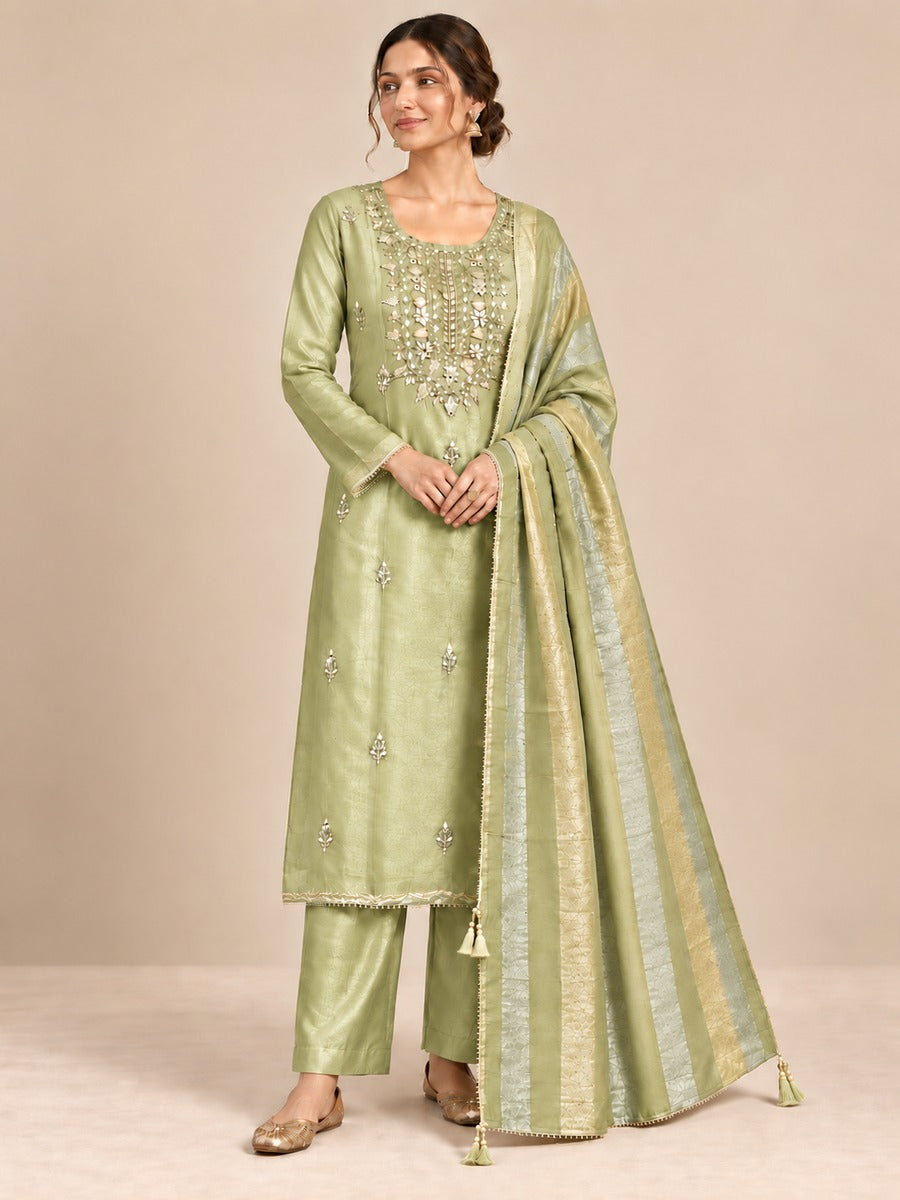 Tissue Silk Embroidered Unstitched Dress Material with Dupatta