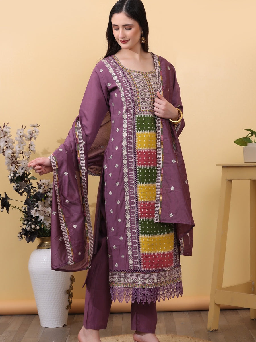 Royal Purple Embroidered Cotton Straight Kurta Set with Pants & Dupatta