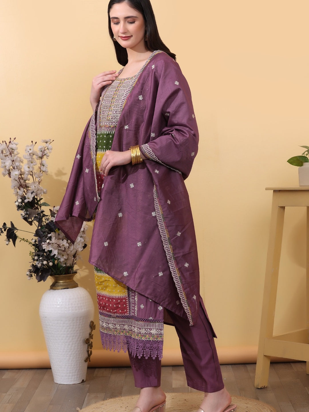 Royal Purple Embroidered Cotton Straight Kurta Set with Pants & Dupatta