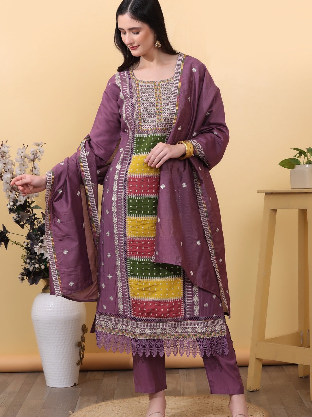 Royal Purple Embroidered Cotton Straight Kurta Set with Pants & Dupatta