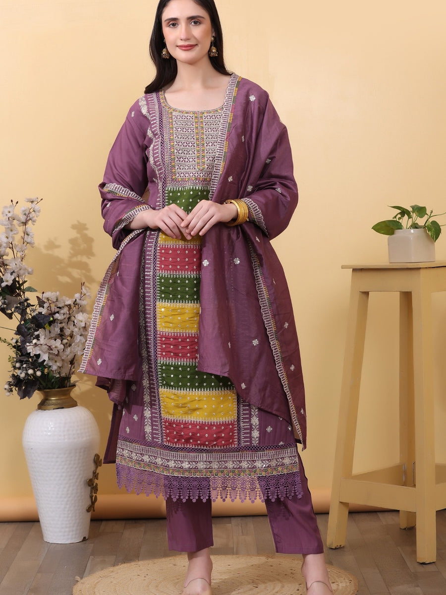 Royal Purple Embroidered Cotton Straight Kurta Set with Pants & Dupatta