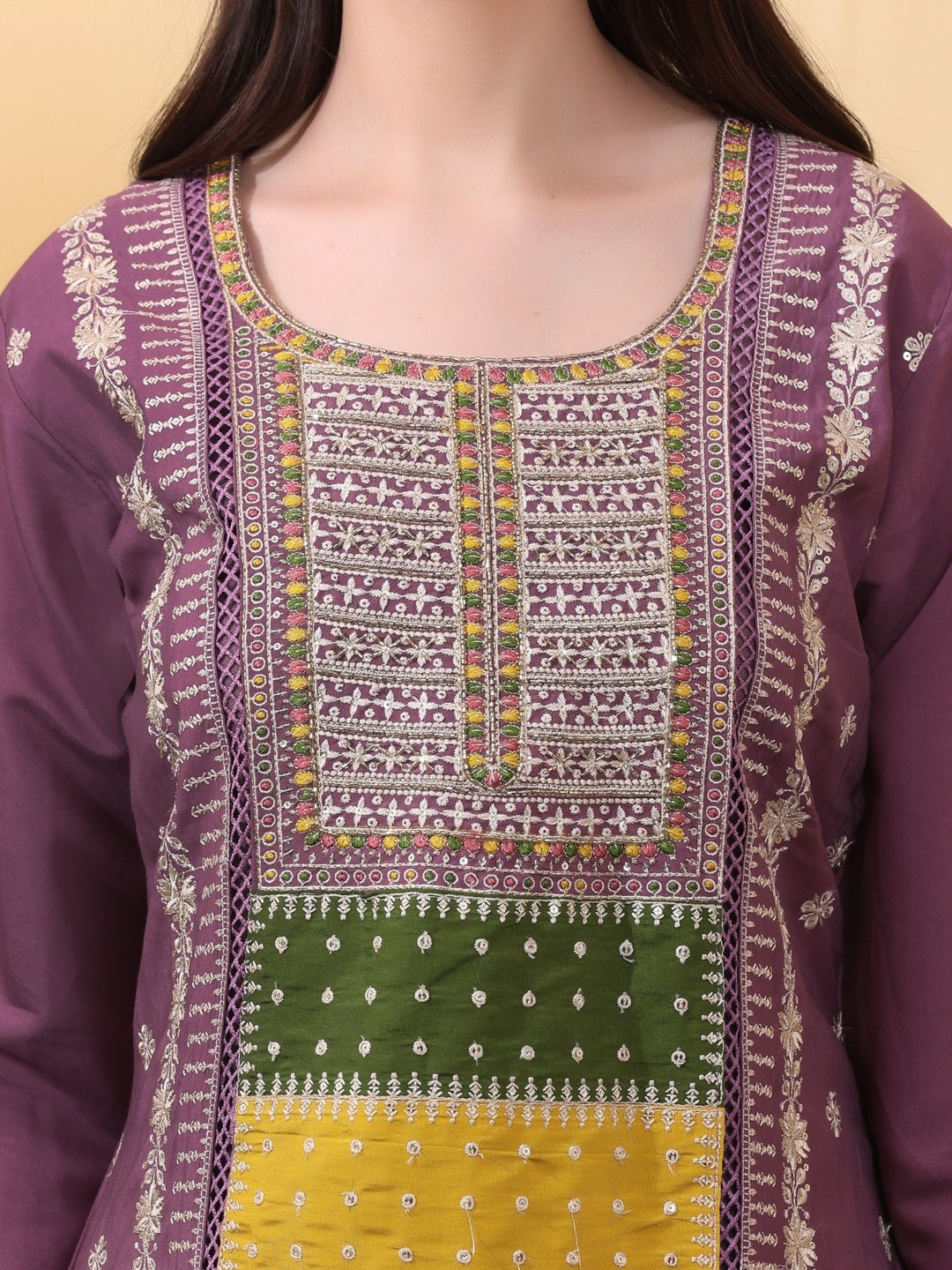 Royal Purple Embroidered Cotton Straight Kurta Set with Pants & Dupatta