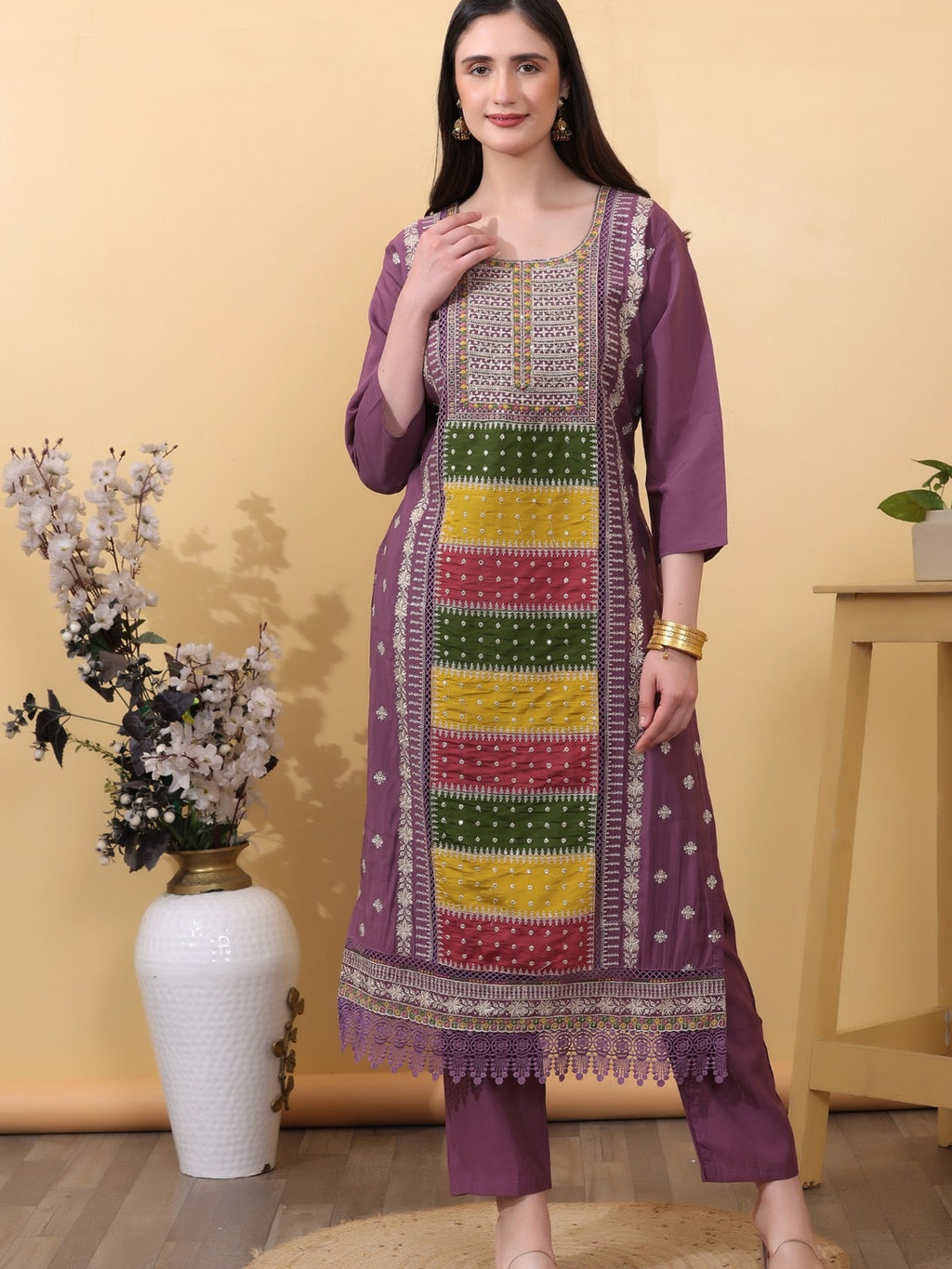 Royal Purple Embroidered Cotton Straight Kurta Set with Pants & Dupatta