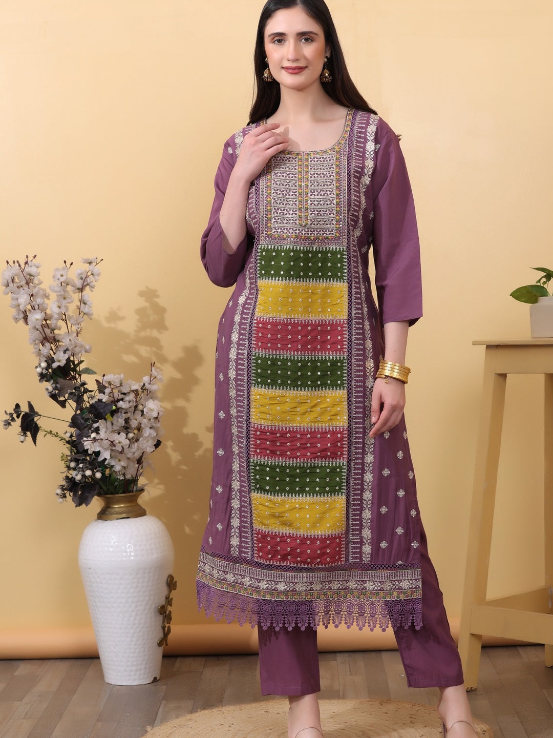 Royal Purple Embroidered Cotton Straight Kurta Set with Pants & Dupatta