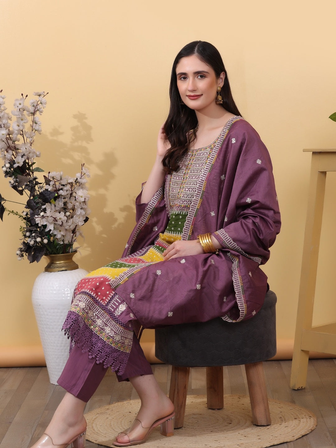 Royal Purple Embroidered Cotton Straight Kurta Set with Pants & Dupatta