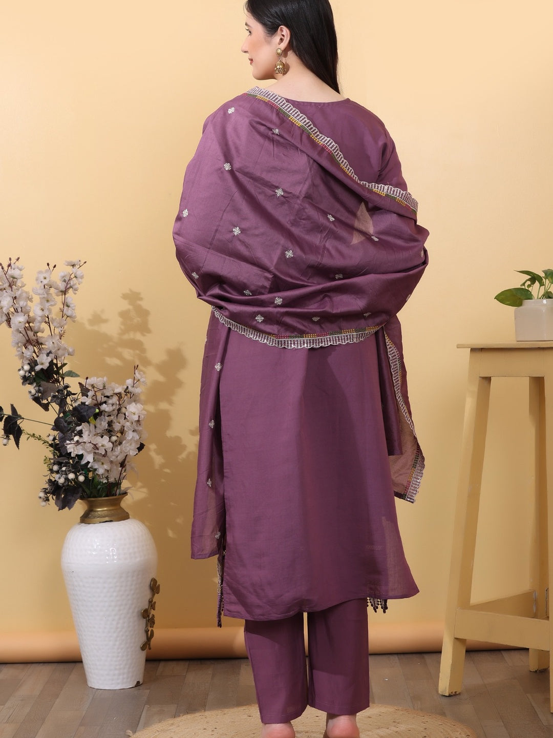Royal Purple Embroidered Cotton Straight Kurta Set with Pants & Dupatta