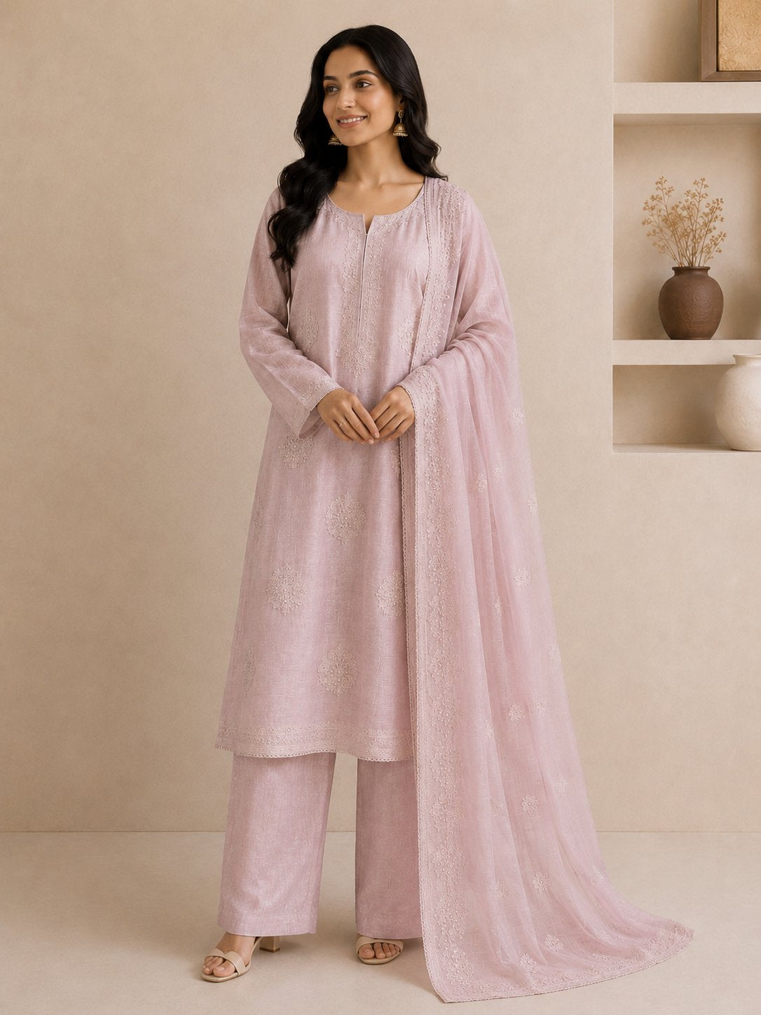 Blush Pink Chanderi Silk Unstitched Dress Material
