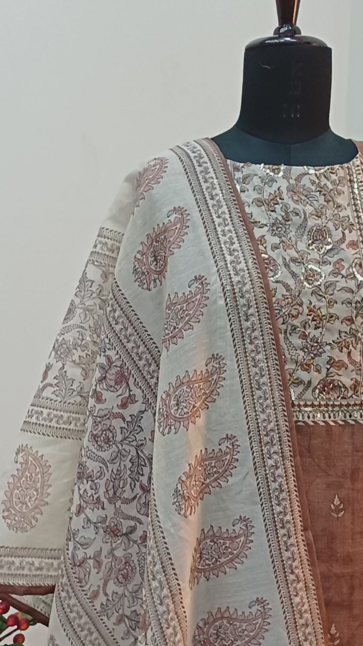 Brown Chanderi Silk Printed Suit Set with Dupatta